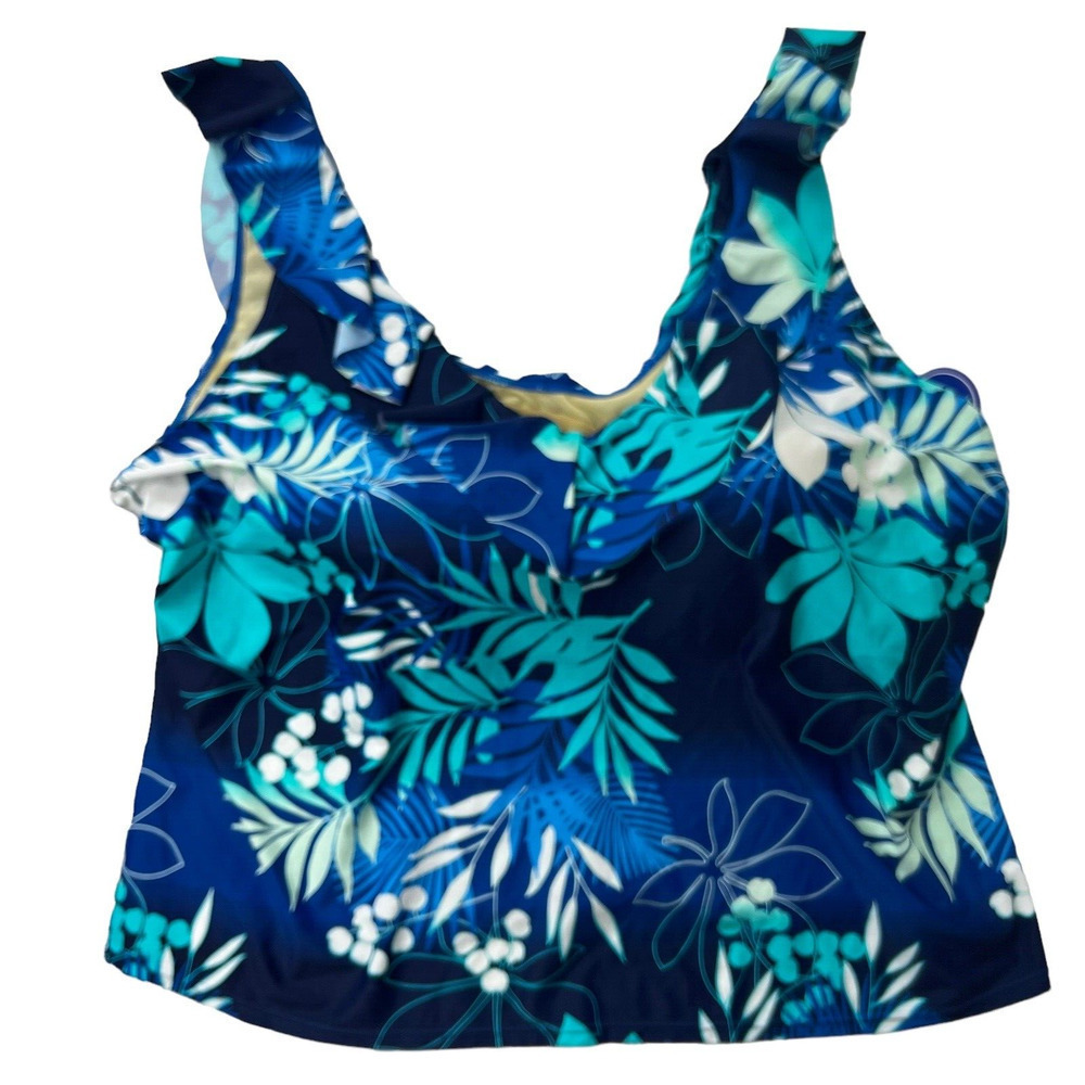 Swimsuits For All Blue Tropical Tankini Top Size 32 Ruffle NWT